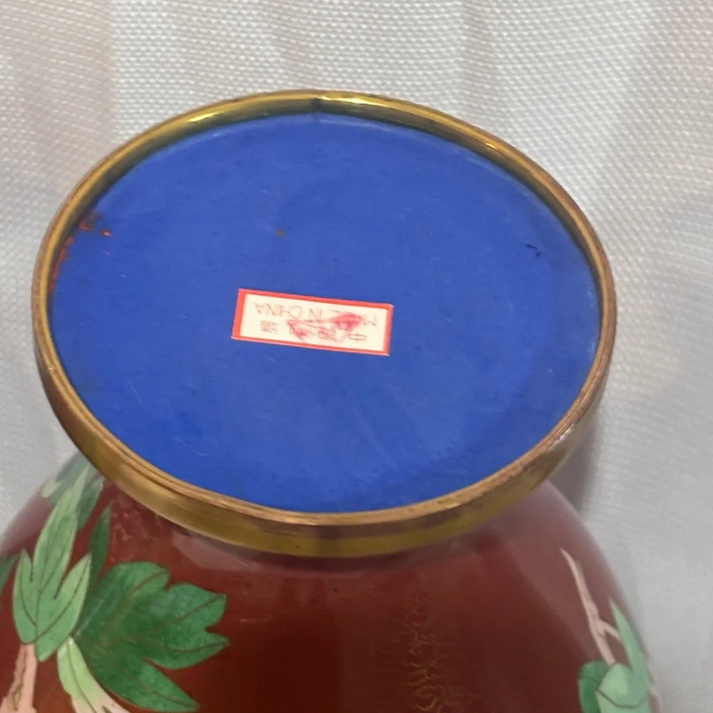 Pair of Vintage Chinese Cloisonné Vases – Red Floral Enamel Brass – 11” Tall w/ - Picture 8 of 15